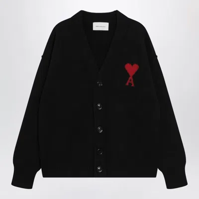 Ami Alexandre Mattiussi Ami Paris Ami De Coeur Cardigan In Black Merino Wool Knit