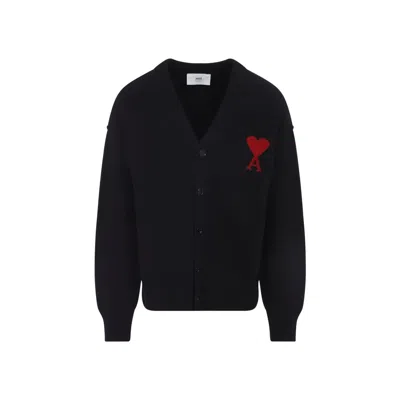 Ami Alexandre Mattiussi Ami Paris Ami De Coeur Cardigan In Black Merino Wool Knit
