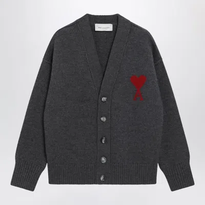 Ami Alexandre Mattiussi Ami Paris Ami De Coeur Cardigan In Grey Mélange Merino Wool Knit In Blue