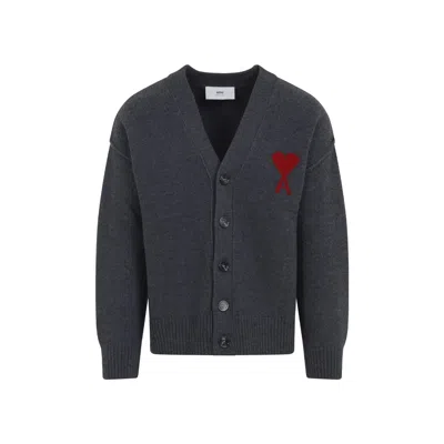 Ami Alexandre Mattiussi Ami Paris Ami De Coeur Cardigan In Grey Mélange Merino Wool Knit In Gray