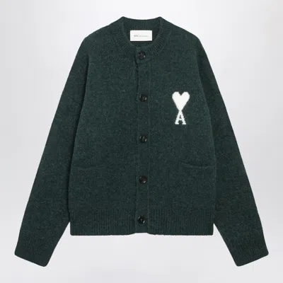 Ami Alexandre Mattiussi Ami Paris Ami De Coeur Crew-neck Cardigan In Wool Blend With Logo Detail And Patch Pockets In Green