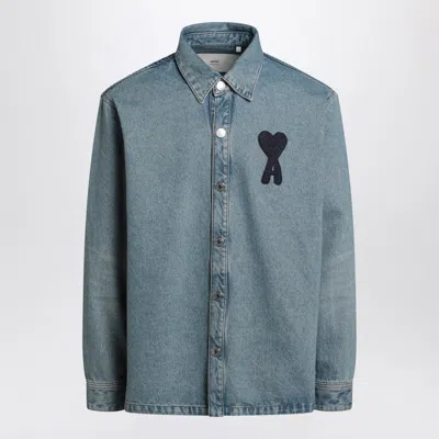 Ami Alexandre Mattiussi Ami Paris Ami De Coeur Monogram Patch Denim Overshirt In Blue