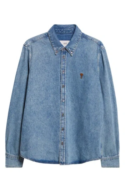AMI ALEXANDRE MATTIUSSI AMI PARIS AMI DE COEUR EMBROIDERED COTTON DENIM BUTTON-DOWN SHIRT