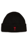 Ami Alexandre Mattiussi Ami Paris Ami De Coeur Logo Embroidered Ribbed-knitted Beanie In 009 Black/red