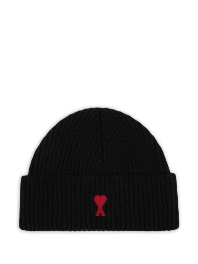 Ami Alexandre Mattiussi Ami Paris Ami De Coeur Embroidered Wool Beanie In Black