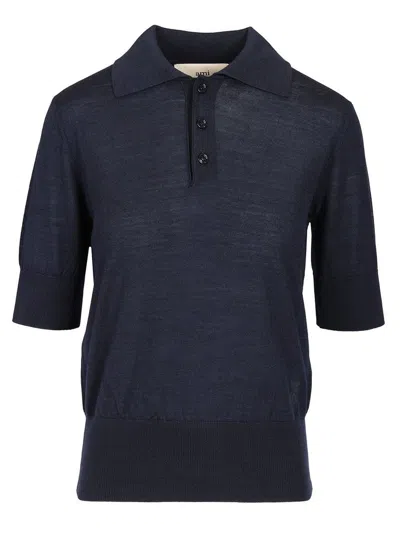 Ami Alexandre Mattiussi Ami Paris Ami De Coeur Fine Knit Polo Top In Navy