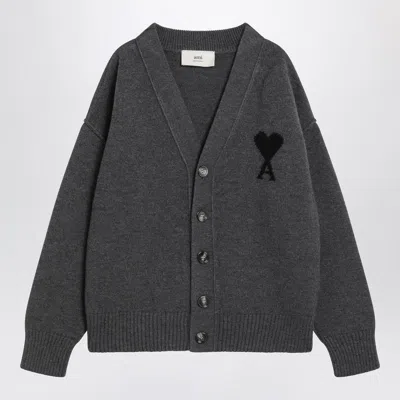 AMI ALEXANDRE MATTIUSSI AMI PARIS  AMI DE COEUR HEATHER GREY WOOL CARDIGAN