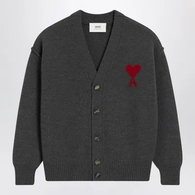 AMI ALEXANDRE MATTIUSSI AMI PARIS  AMI DE COEUR HEATHER GREY WOOL CARDIGAN