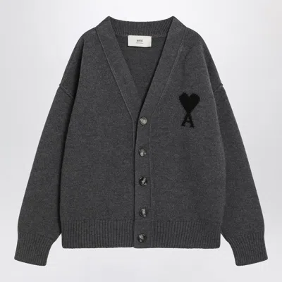 AMI ALEXANDRE MATTIUSSI AMI PARIS AMI DE COEUR HEATHER GREY WOOL CARDIGAN MEN