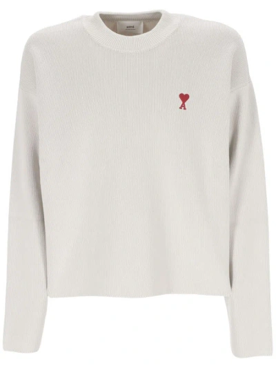 Ami Alexandre Mattiussi White Crewneck Sweater With Signature Ami De Coeur Logo In Cotton Blend Woman