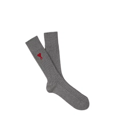 Ami Alexandre Mattiussi Ami Paris Ami De Coeur Logo Embroidered Ribbed 3-pack Socks In Gray