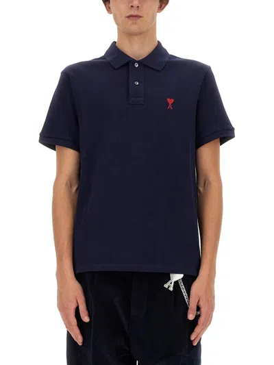 Ami Alexandre Mattiussi Logo-embroidered Cotton Polo Shirt In Blue