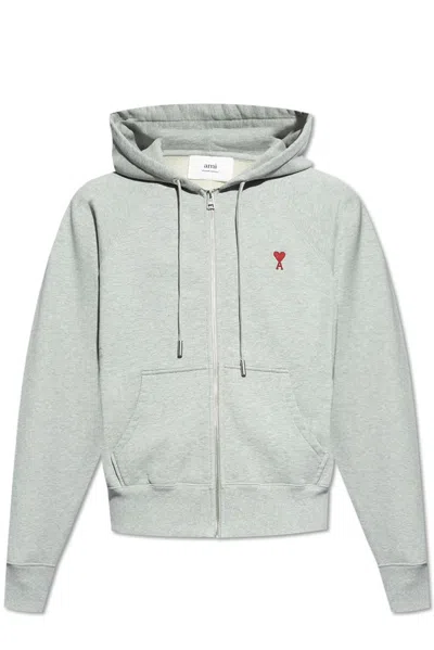 Ami Alexandre Mattiussi Ami Paris Ami De Coeur Logo Embroidered Zipped Hoodie In Grey