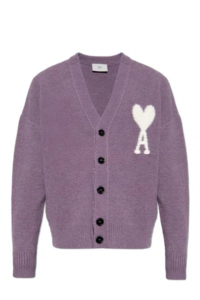 Ami Alexandre Mattiussi Ami Paris Ami De Coeur V-neck Knitted Cardigan In Purple