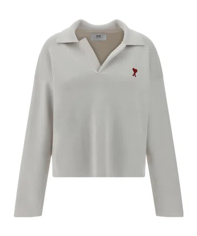 Ami Alexandre Mattiussi Ami Paris Ami De Coeur Long-sleeved Knitted Polo Shirt In Gray