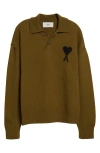 Ami Alexandre Mattiussi Ami Paris Ami De Coeur Monogram Felted Wool Polo Sweater In Green