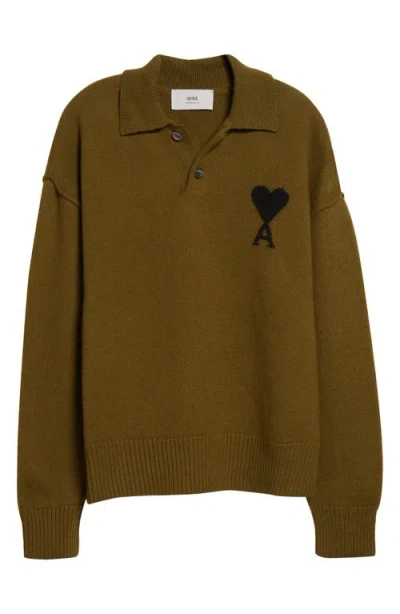 Ami Alexandre Mattiussi Ami Paris Ami De Coeur Monogram Felted Wool Polo Sweater In Green