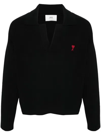 Ami Alexandre Mattiussi Ami Paris Ami De Coeur Organic Cotton Polo Shirt In Black