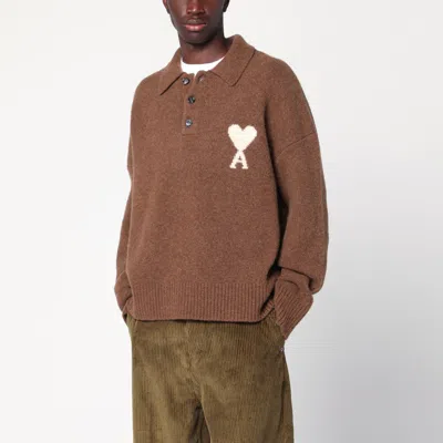 Ami Alexandre Mattiussi Ami De Coeur Polo Sweater In Hazelnut Color In Brown