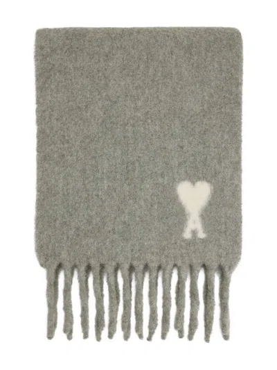 Ami Alexandre Mattiussi Ami Paris Ami De Coeur Scarf With Fringes In Gray