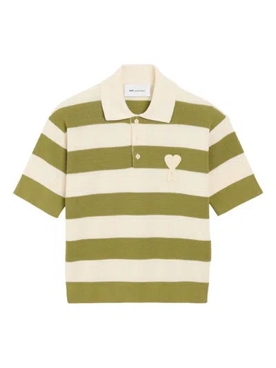 Ami Alexandre Mattiussi Ami Paris Ami De Coeur Striped Cotton Knit Polo Shirt In Brown