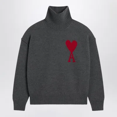 Ami Alexandre Mattiussi Ami Paris Ami De Coeur Sweater In Grey Mélange Merino Wool Knit In Gray