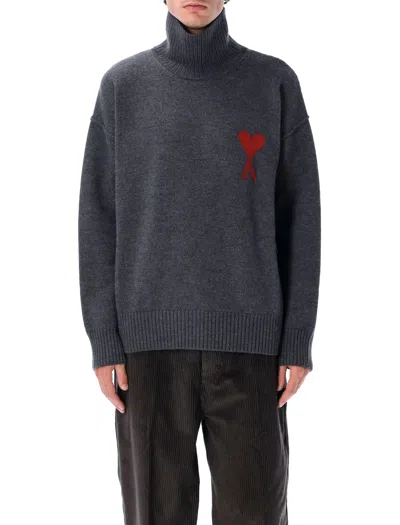 Ami Alexandre Mattiussi Ami Paris Ami De Coeur Sweater In Grey Mélange Merino Wool Knit In Gray