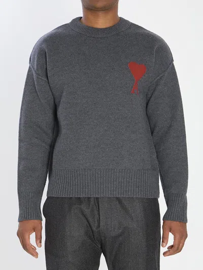 Ami Alexandre Mattiussi Ami Paris Ami De Coeur Sweater In Grey Virgin Wool In Gray