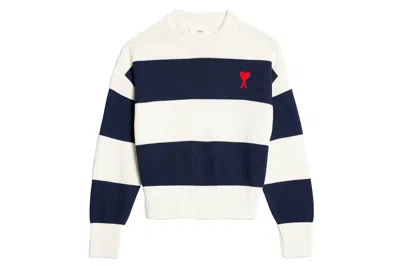 Pre-owned Ami Alexandre Mattiussi Ami Paris Ami De Coeur Sweater With Rugby Stripes Naut Blue/nat White/red