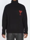 Ami Alexandre Mattiussi Relaxed Fit Black Wool Turtleneck Sweater With Graphic Heart Motif In Black