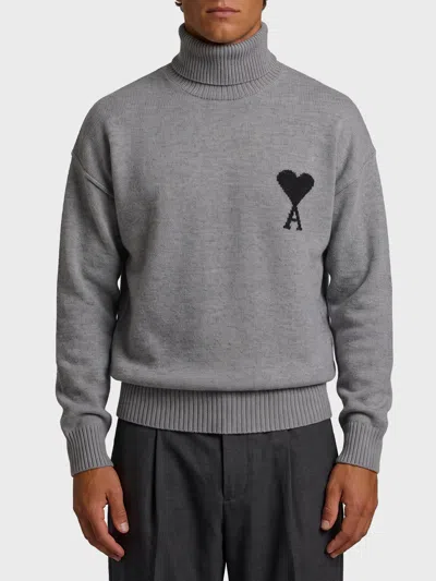 Ami Alexandre Mattiussi Ami Paris Ami De Coeur Turtleneck Sweater In Gray