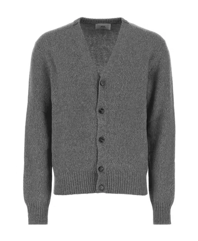 Ami Alexandre Mattiussi Ami Paris Ami De Coeur V-neck Buttoned Cardigan In Gray