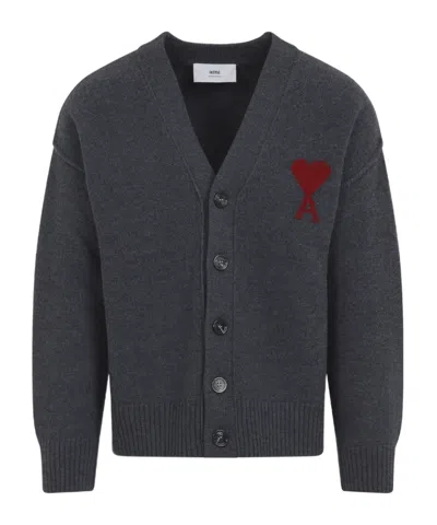 Ami Alexandre Mattiussi Ami Paris Ami De Coeur V-neck Cardigan In Gray