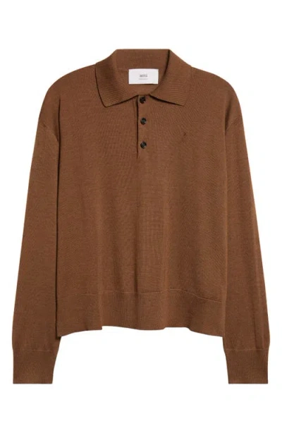 Ami Alexandre Mattiussi Ami Paris Ami De Coeur Wool & Silk Polo Sweater In Brown