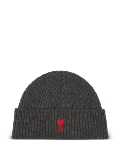 Ami Alexandre Mattiussi Ami Paris Ami De Coeur Wool Beanie In Gray