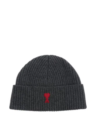 Ami Alexandre Mattiussi Ami Paris Ami De Coeur Wool Beanie In Grey