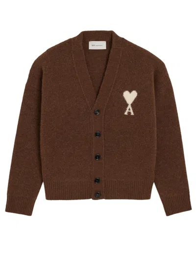 Ami Alexandre Mattiussi Ami Paris Ami De Coeur Wool Cardigan In Brown