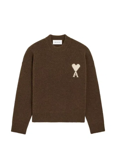 Ami Alexandre Mattiussi Ami Paris Ami De Coeur Wool Crewneck Sweater In Brown