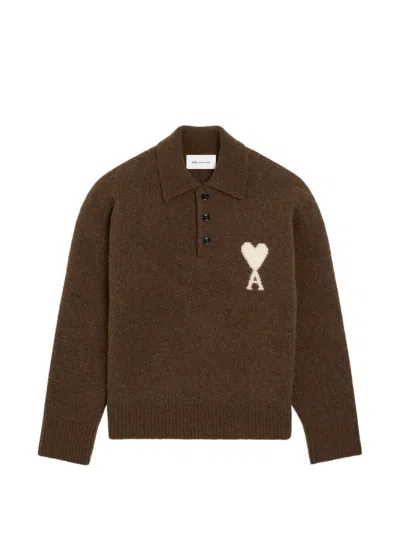 Ami Alexandre Mattiussi Ami Paris Ami De Coeur Wool Polo Sweater In Brown