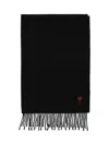 Ami Alexandre Mattiussi Ami Paris Ami De Coeur Wool Scarf With Fringed Edges In Black