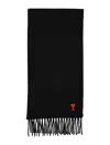 Ami Alexandre Mattiussi Ami Paris Ami De Coeur Wool Scarf With Fringed Edges In Black