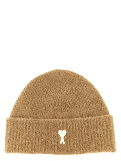 Ami Alexandre Mattiussi Ami Paris Ami De Cœur Embroidered Beanie In Camel