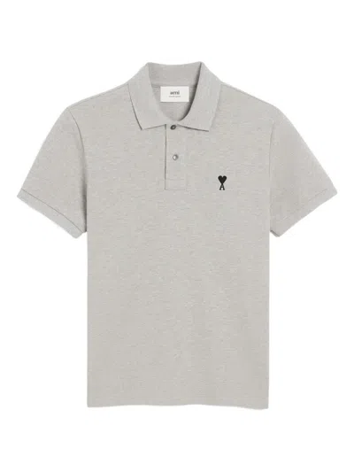 Ami Alexandre Mattiussi Ami Paris Ami De Cœur Embroidered Cotton Polo In Heather Gray