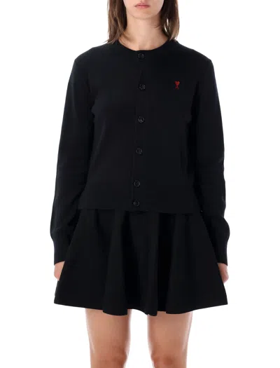 Ami Alexandre Mattiussi Ami Paris Ami Of Coeur Merino Wool Cardigan With Embroidered Chest & Horn Button Detail In Nero