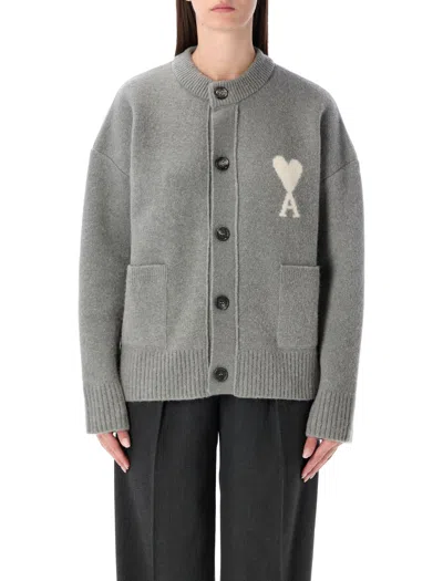 Ami Alexandre Mattiussi Ami Paris Interlock Alpaca-wool Cardigan With Of Caur Intarsia And Horn Button Closure In Gray