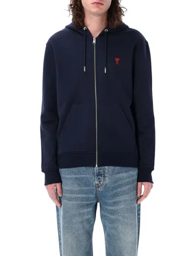Ami Alexandre Mattiussi Ami Paris Zipped Hooded Hoodie In Loopback Organic Cotton Fleece In Blue