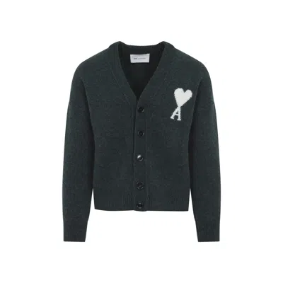 Ami Alexandre Mattiussi Ami Paris Soft Alpaca V-neck Cardigan With Engraved Horn Buttons And Intarsia Logo In Green