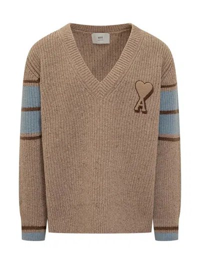 Ami Alexandre Mattiussi Ami Paris Ami Paris Beige Sweater With Heart Logo In Brown