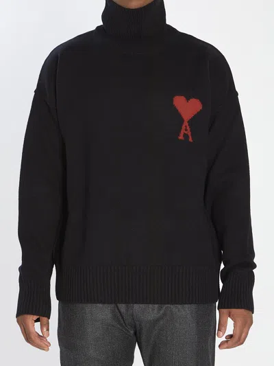 Ami Alexandre Mattiussi Ami Paris Funnel-neck Sweater With Heart Intarsia Design In Black