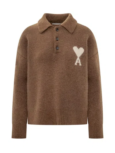 Ami Alexandre Mattiussi Ami Paris Ami Paris Brown Wool Polo Shirt